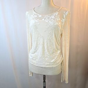 Shyanne Women's Form Fit Top Sheer Ivory Large Sheer with Floral Burn Out Velvet